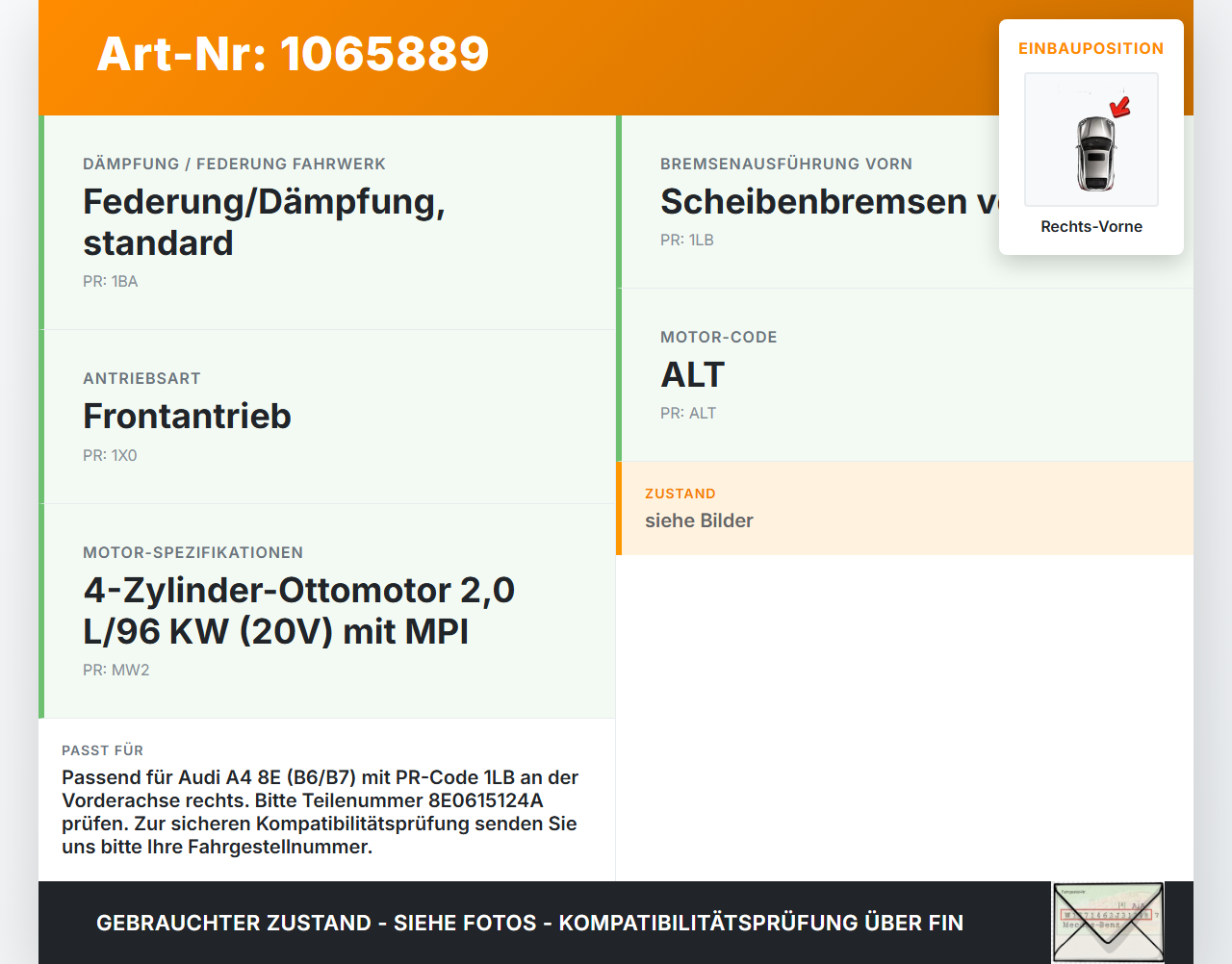 Audi A4 8E 04-08 2,0 96KW Bremssattel Bremszange Vorne Rechts Audi A4 8E 04-08 12.09.2005 8E0615124A gebraucht Vorschau 3