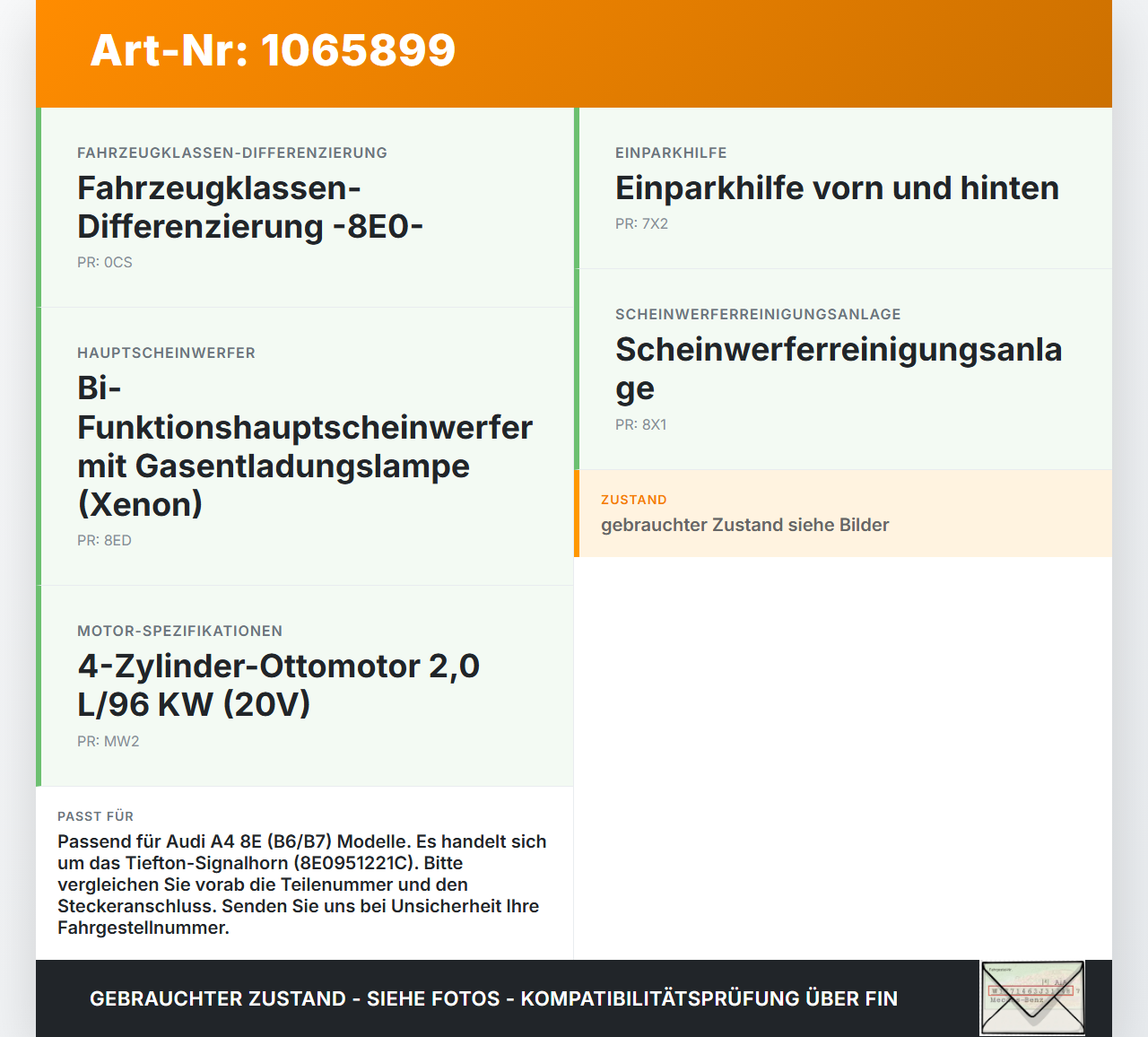 Audi A4 8E 04-08 Hupe Signalhorn Tieftöner Audi A4 8E 04-08 12.09.2005 8E0951221C gebraucht Vorschau 3