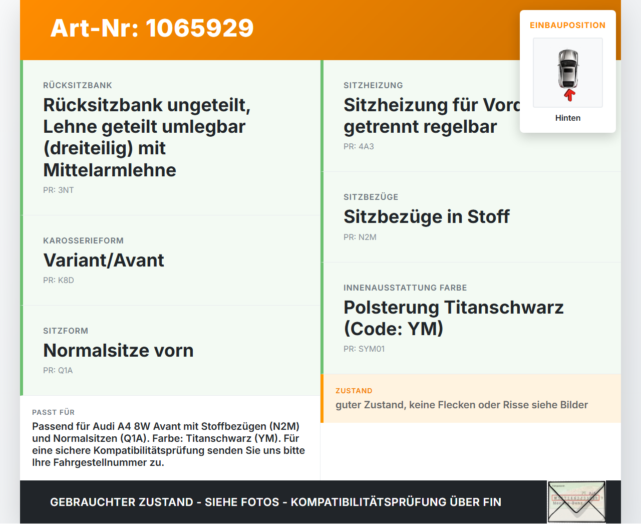 Audi A4 8W 19-24 Kopfstütze Mitte Hinten Audi A4 8W 19-24 27.01.2020 8W0885975AH gebraucht Vorschau 3