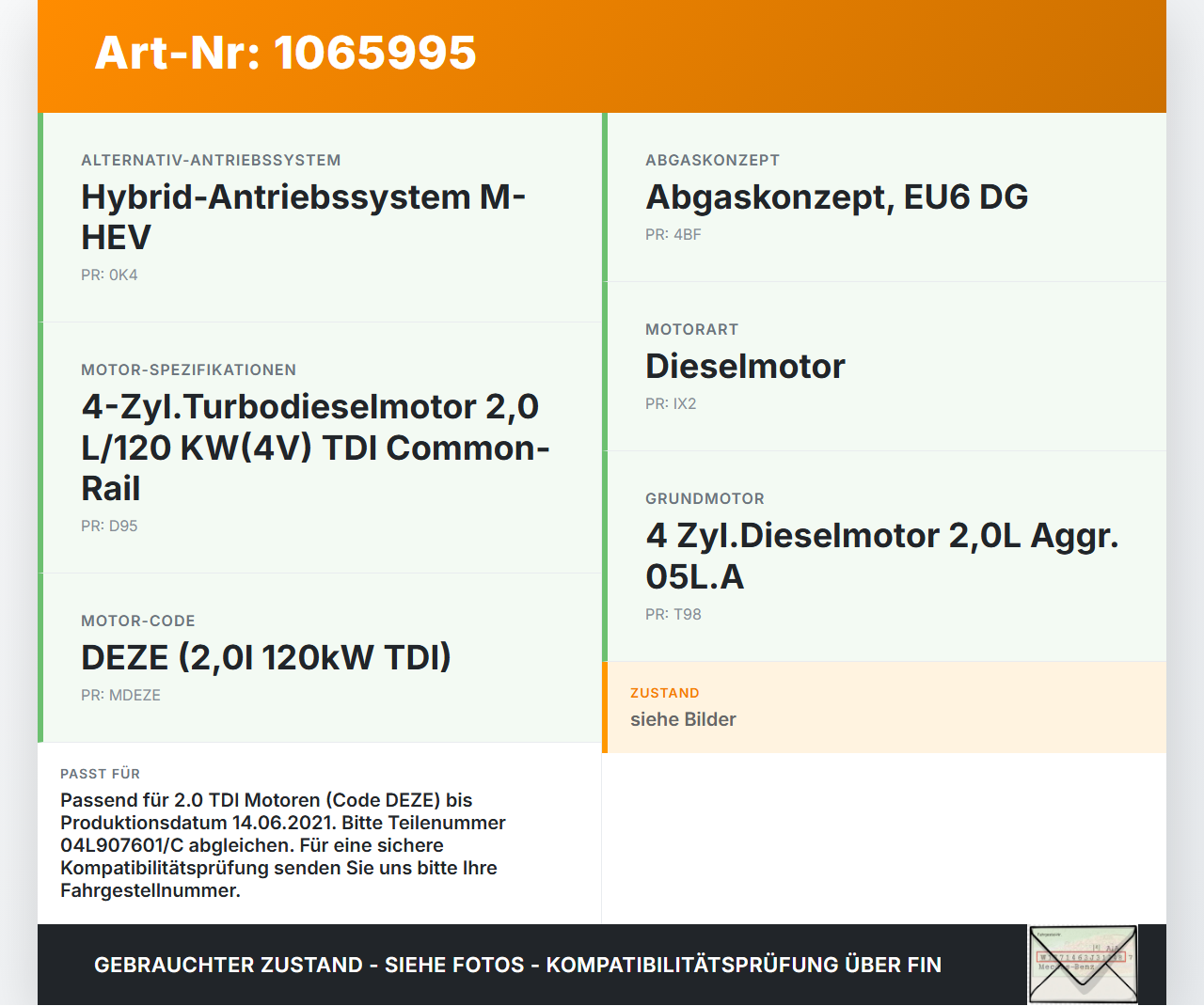 Audi A4 8W 19-24 TDI 2,0  DEZE Nockenwellensensor Sensor Audi A4 8W 19-24 27.01.2020 04L907601C gebraucht Vorschau 3