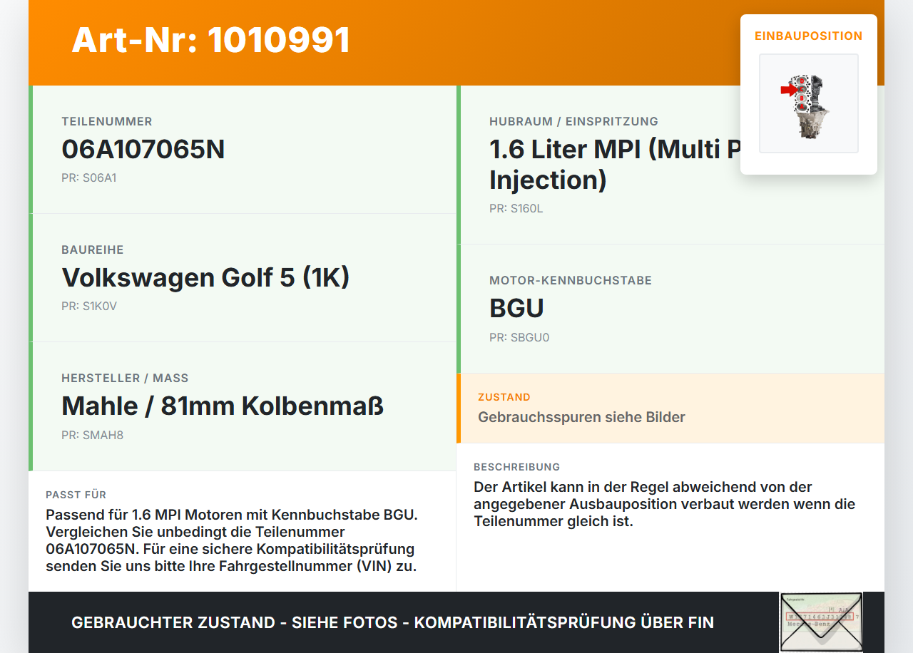 VW Golf 5 V 1K 03-08 MPI  1,6  BGU Kolben mit Pleuel Pos C VW Golf 5 V 1K 03-08 15.04.2005 06A107065N gebraucht Vorschau 3