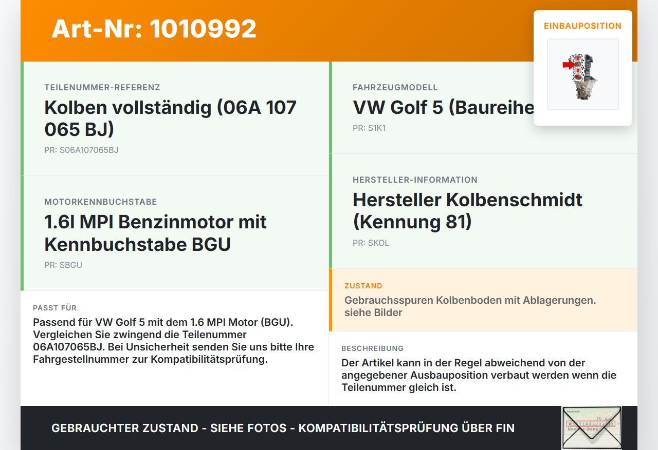 VW Golf 5 V 1K 03-08 MPI  1,6  BGU Kolben mit Pleuel Pos C VW Golf 5 V 1K 03-08 15.04.2005 06A107065BJ gebraucht Vorschau 3