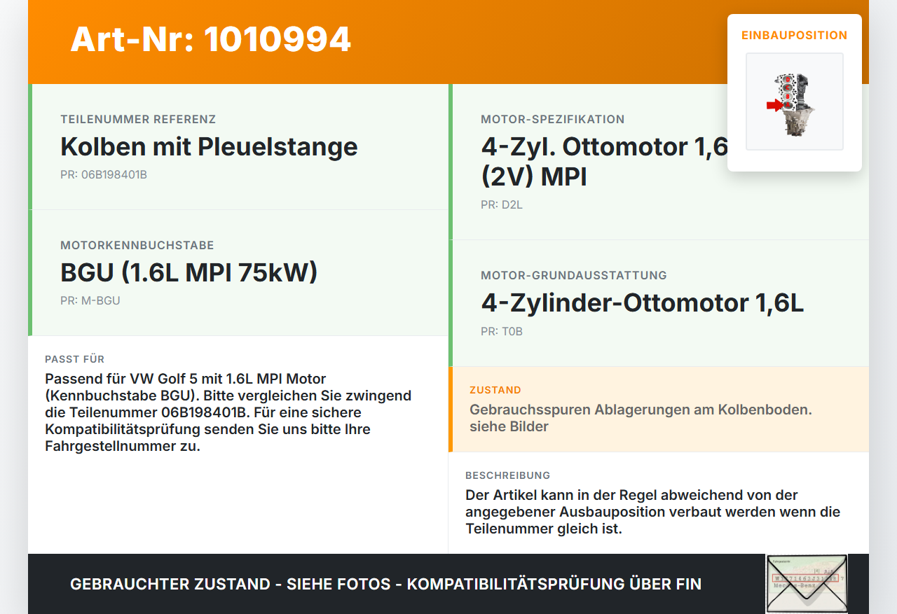 VW Golf 5 V 1K 03-08 MPI  1,6  BGU Kolben mit Pleuel Pos A VW Golf 5 V 1K 03-08 15.04.2005 06B198401B gebraucht Vorschau 3