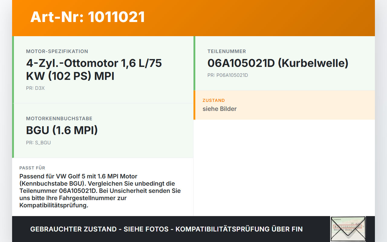 VW Golf 5 V 1K 03-08 MPI  1,6  BGU Kurbelwelle VW Golf 5 V 1K 03-08 15.04.2005 06A105021D gebraucht Vorschau 3