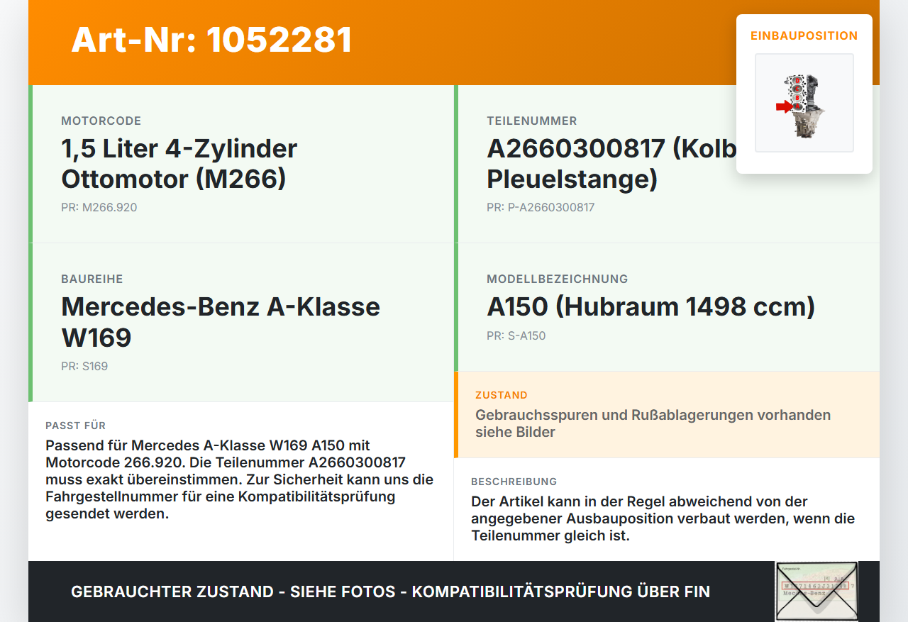 Mercedes W169 A150 04-08 1,5  266.920 Kolben mit Pleuel Pos A Mercedes W169 A150 04-08 11.11.2004 A2660300817 gebraucht Vorschau 3