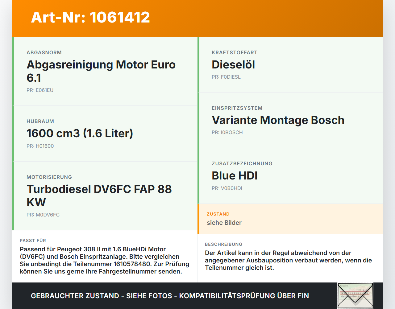 Peugeot 308 SW II 13-17 HDI 1,6 88KW Injektor Einspritzdüse Zyl.4 Peugeot 308 SW II 13-17 27.10.2015 0445110566... Vorschau 3
