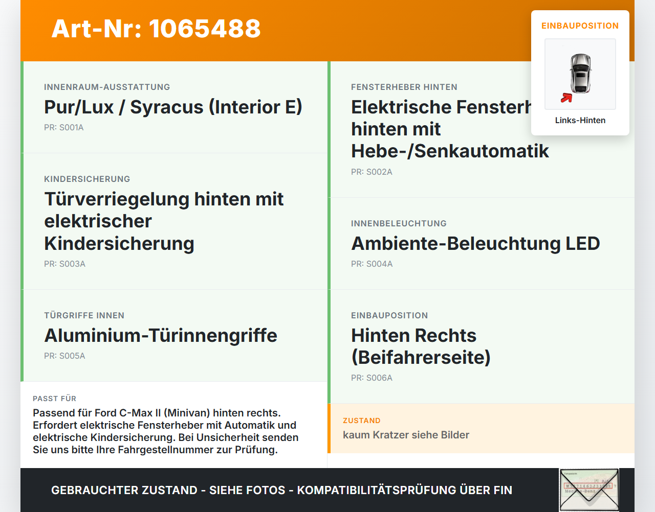 Ford C-max II 10-15 Türverkleidung Türpappe Links Hinten Ford C-max II 10-15 13.02.2012 AM51-R27406-GN1FIS gebraucht Vorschau 3