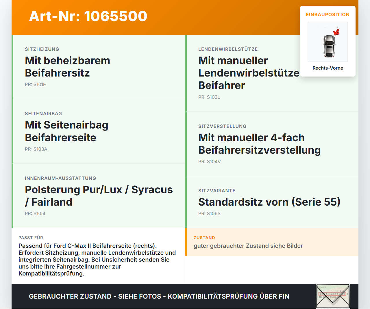 Ford C-max II 10-15 Sitzbezug Rückenpolster Rechts Vorne für Beifahrer Sitz Ford C-max II 10-15 13.02.2012... Vorschau 3