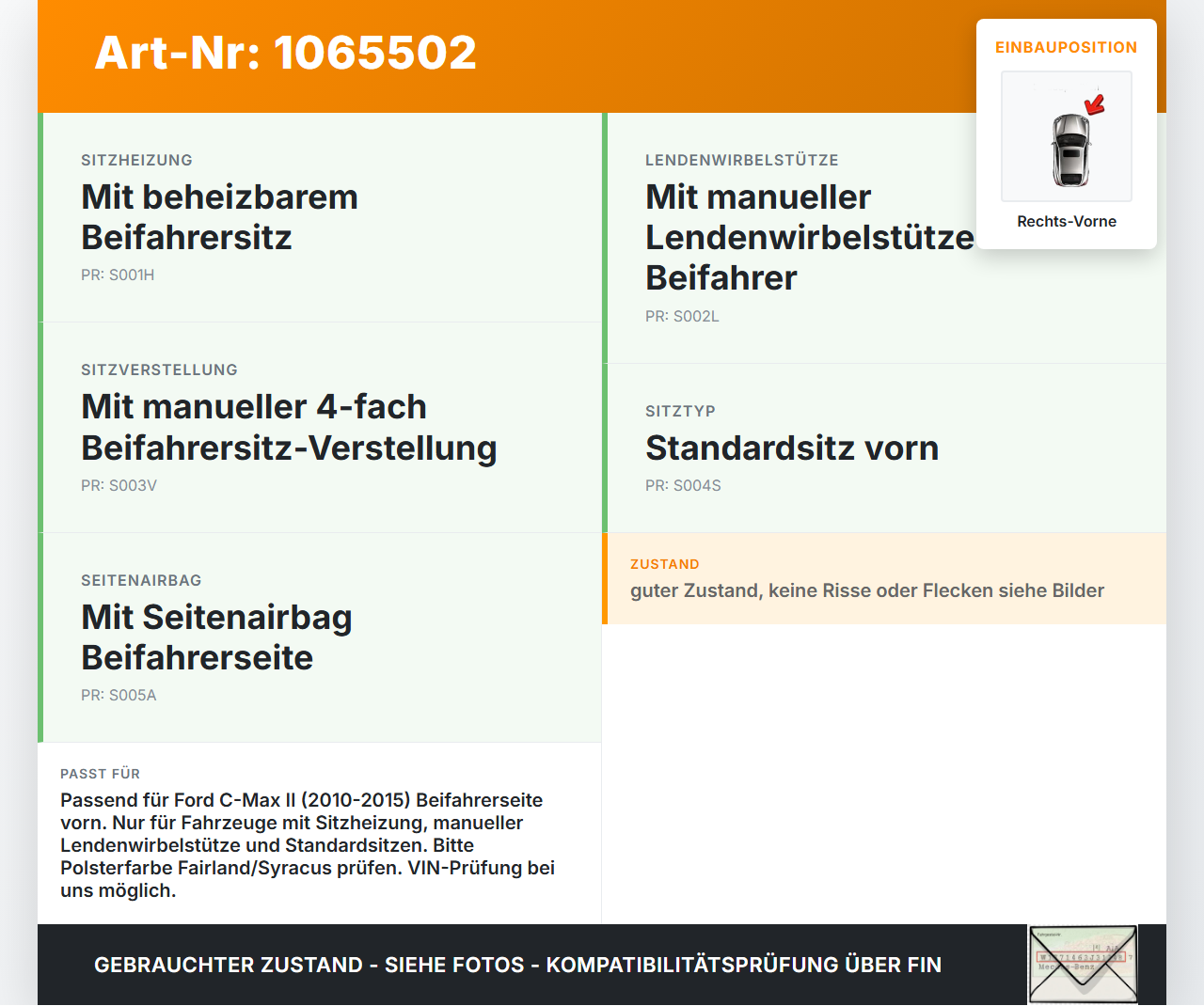 Ford C-max II 10-15 Sitzbezug Sitzpolster für Beifahrersitz Rechts Vorne beheizt Ford C-max II 10-15 13.02.2012... Vorschau 3