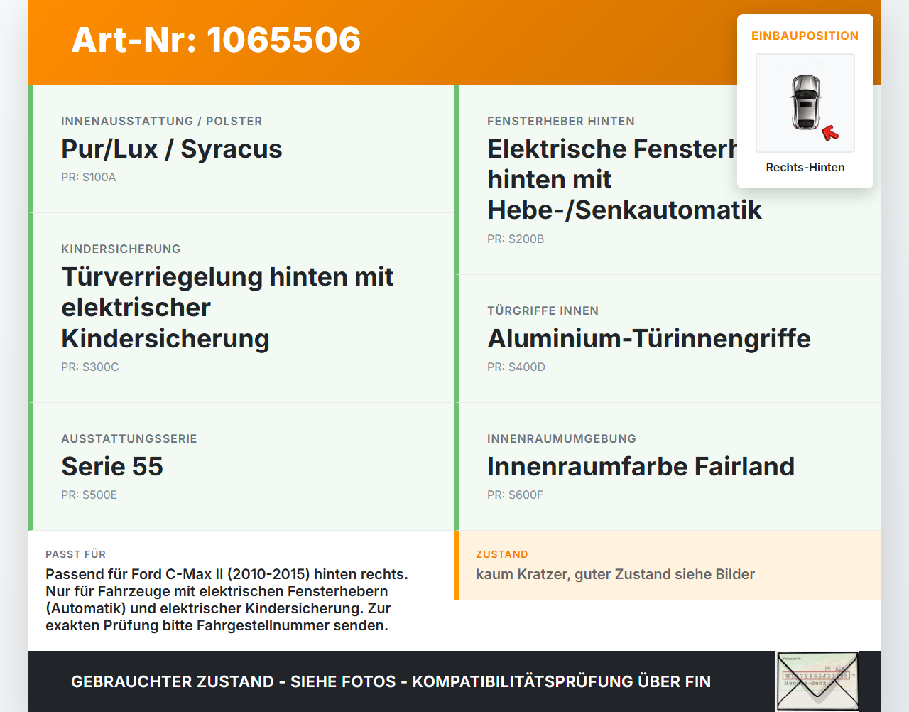 Ford C-max II 10-15 Türverkleidung Türpappe Rechts Hinten Ford C-max II 10-15 13.02.2012 AM51-R27406-GN1FIS... Vorschau 3