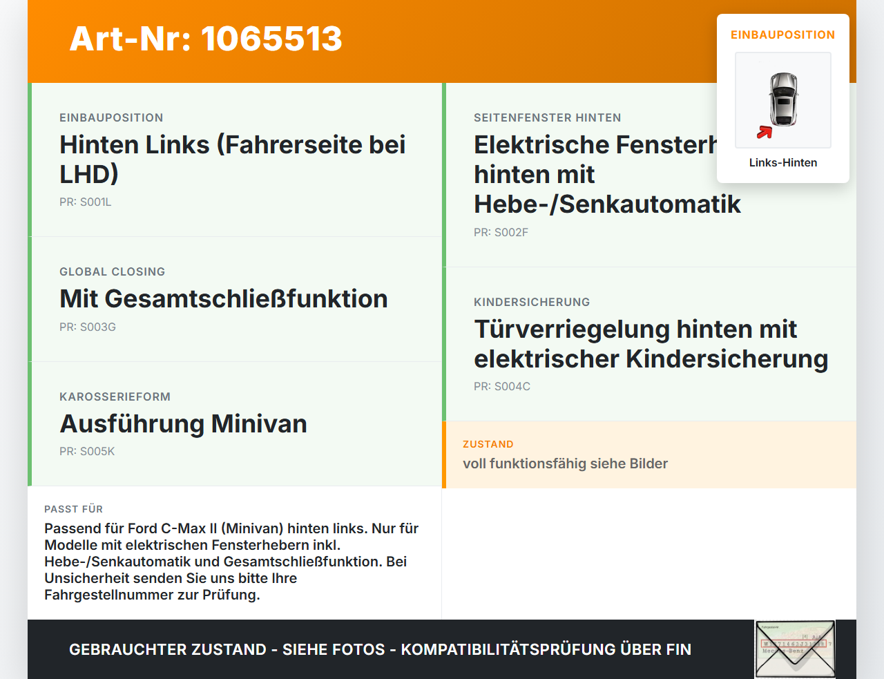 Ford C-max II 10-15 Fensterhebermotor mit Fensterheber Links Hinten Ford C-max II 10-15 13.02.2012 AM51-R27001-BE... Vorschau 3
