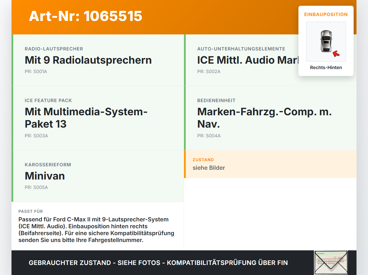 Ford C-max II 10-15 Lautsprecher Mitteltöner Door Rechts Hinten Ford C-max II 10-15 13.02.2012 6M2T-18808-FC gebraucht Vorschau 3