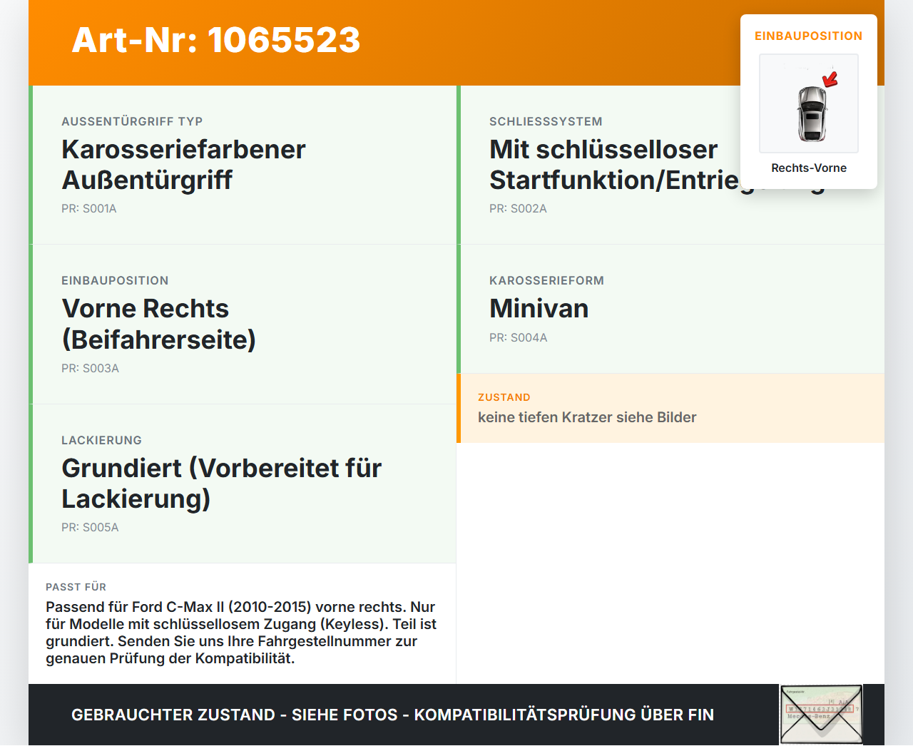 Ford C-max II 10-15 Türgriff Griff aussen Rechts Vorne         VA Ford C-max II 10-15 13.02.2012 AM51-U22404-CAXWAA... Vorschau 3