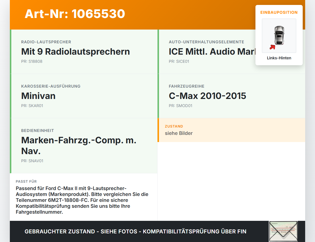 Ford C-max II 10-15 Lautsprecher Mitteltöner Links Hinten Ford C-max II 10-15 13.02.2012 6M2T-18808-FC gebraucht Vorschau 3