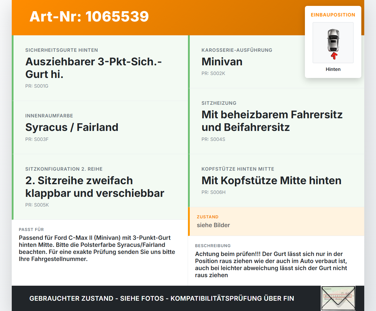 Ford C-max II 10-15 Gurt Sicherheitsgurt Gurtstraffer Mitte Hinten Ford C-max II 10-15 13.02.2012... Vorschau 3