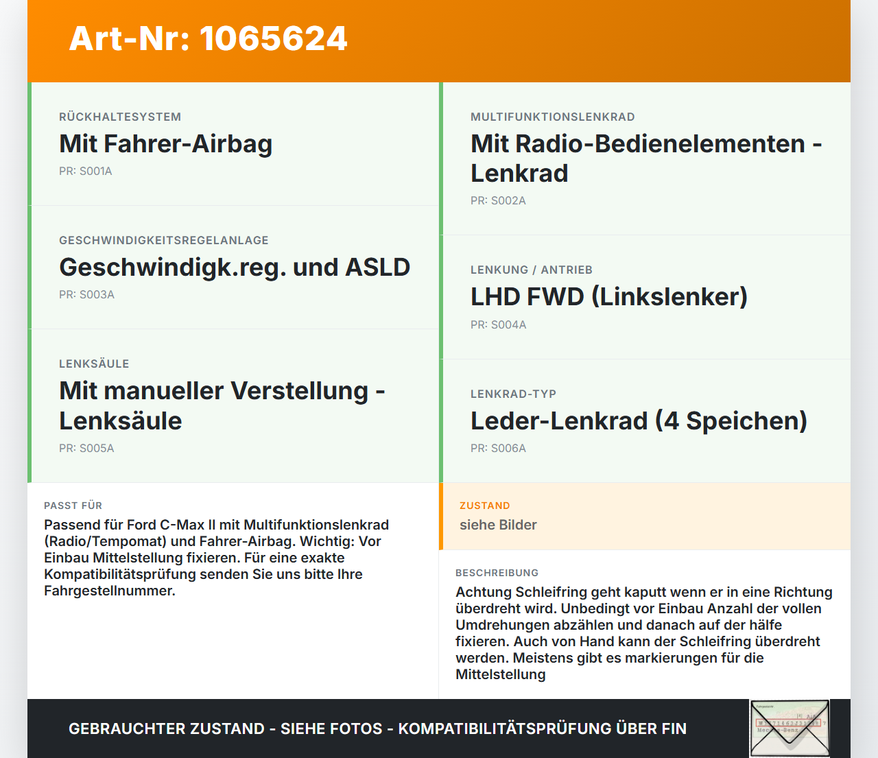 Ford C-max II 10-15 Airbag Schleifring Wickelfeder Ford C-max II 10-15 13.02.2012 BV6T-14A664-AF ZWAC30088B gebraucht Vorschau 3