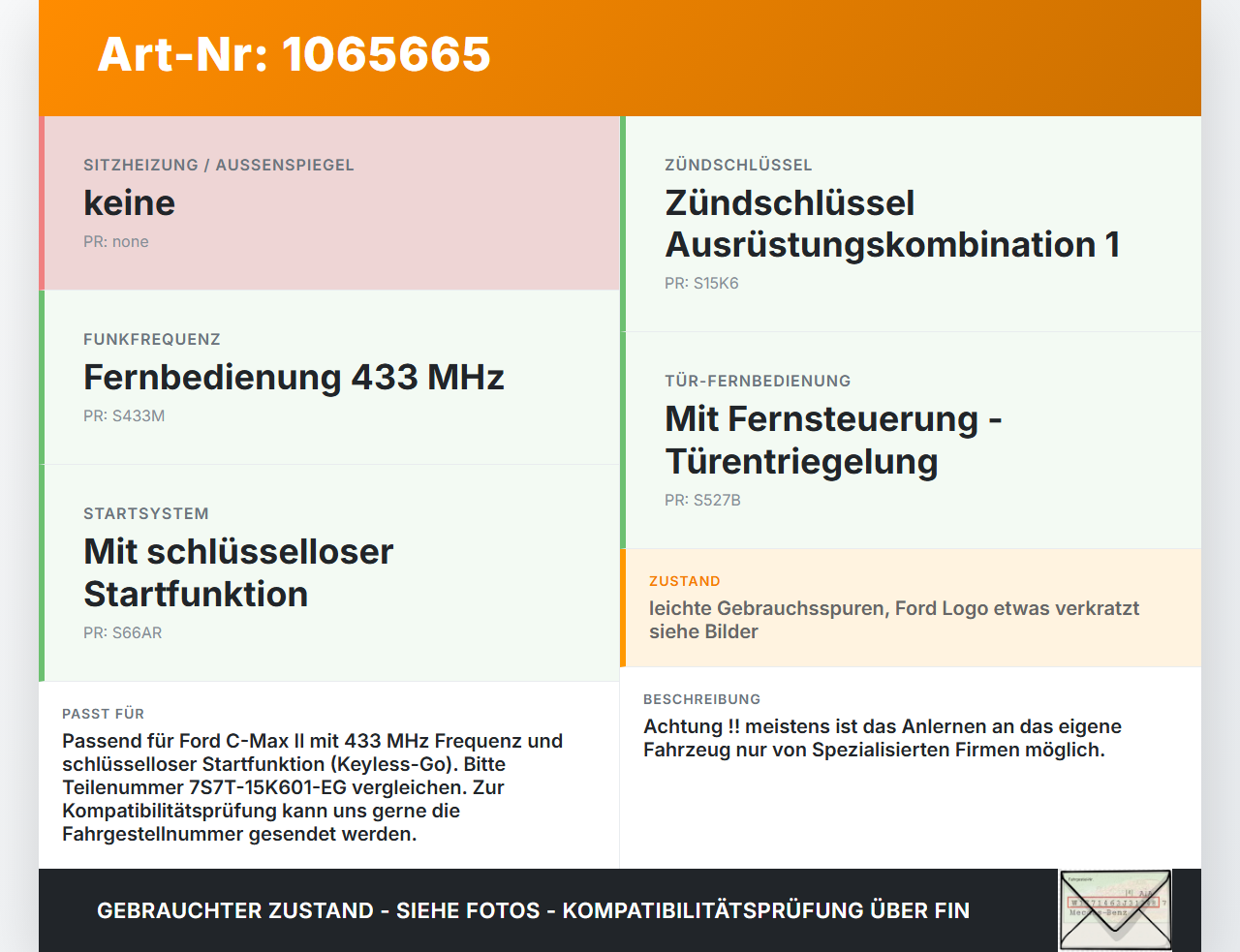 Ford C-max II 10-15 ZV Schlüssel Funkschlüssel Ford C-max II 10-15 13.02.2012 7S7T-15K601-EG gebraucht Vorschau 3