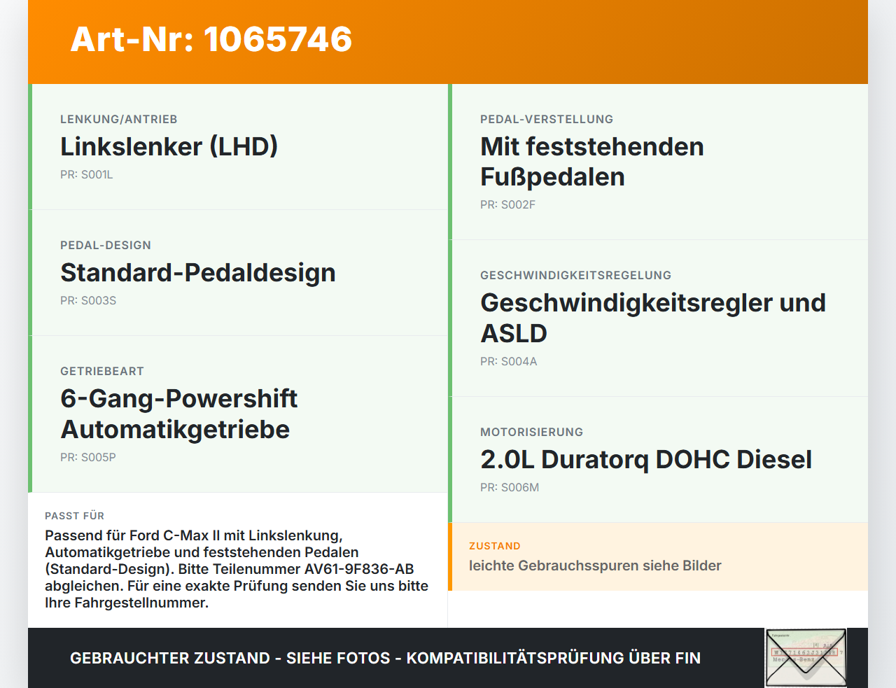 Ford C-max II 10-15 2,0 120KW Gaswertgeber Gaspedal Ford C-max II 10-15 13.02.2012 AV61-9F836-AB 6PV010368-34 gebraucht Vorschau 3