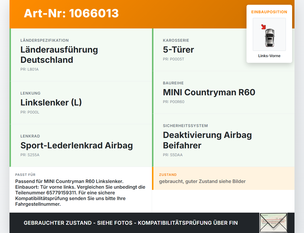 MINI Countryman R60 10-14 Airbagsensor Crashsensor Sensor Vorne Links MINI Countryman R60 10-14 08.12.2011... Vorschau 3