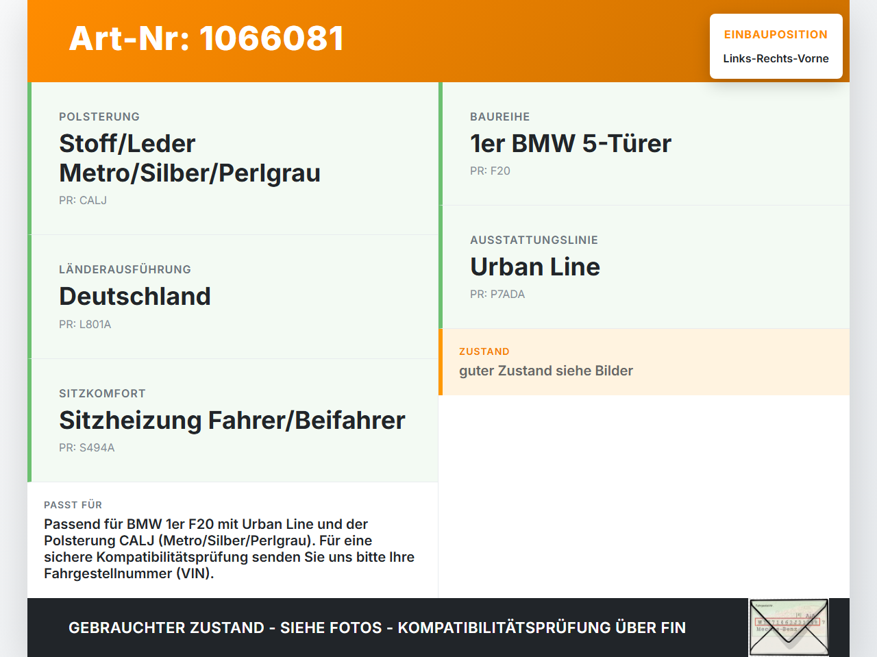 BMW 1er 116i F20 11-15 5T Kopfstütze für Beifahrer Sitz Rechts oder Links Vorne BMW 1er 116i F20 11-15 20.10.2011... Vorschau 3