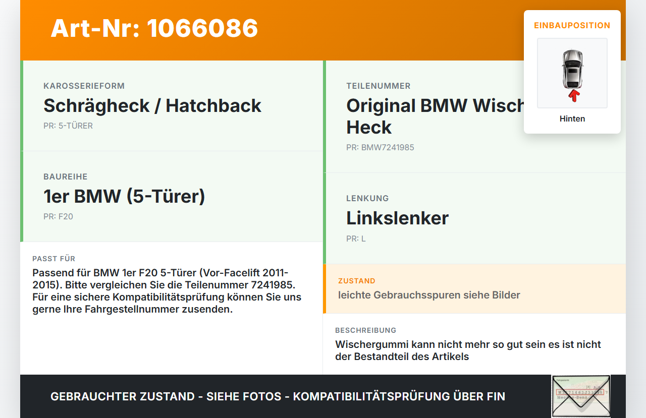 BMW 1er 116i F20 11-15 5T Heckwischer Scheibenwischer Hinten Wischarm BMW 1er 116i F20 11-15 20.10.2011 7241985... Vorschau 3