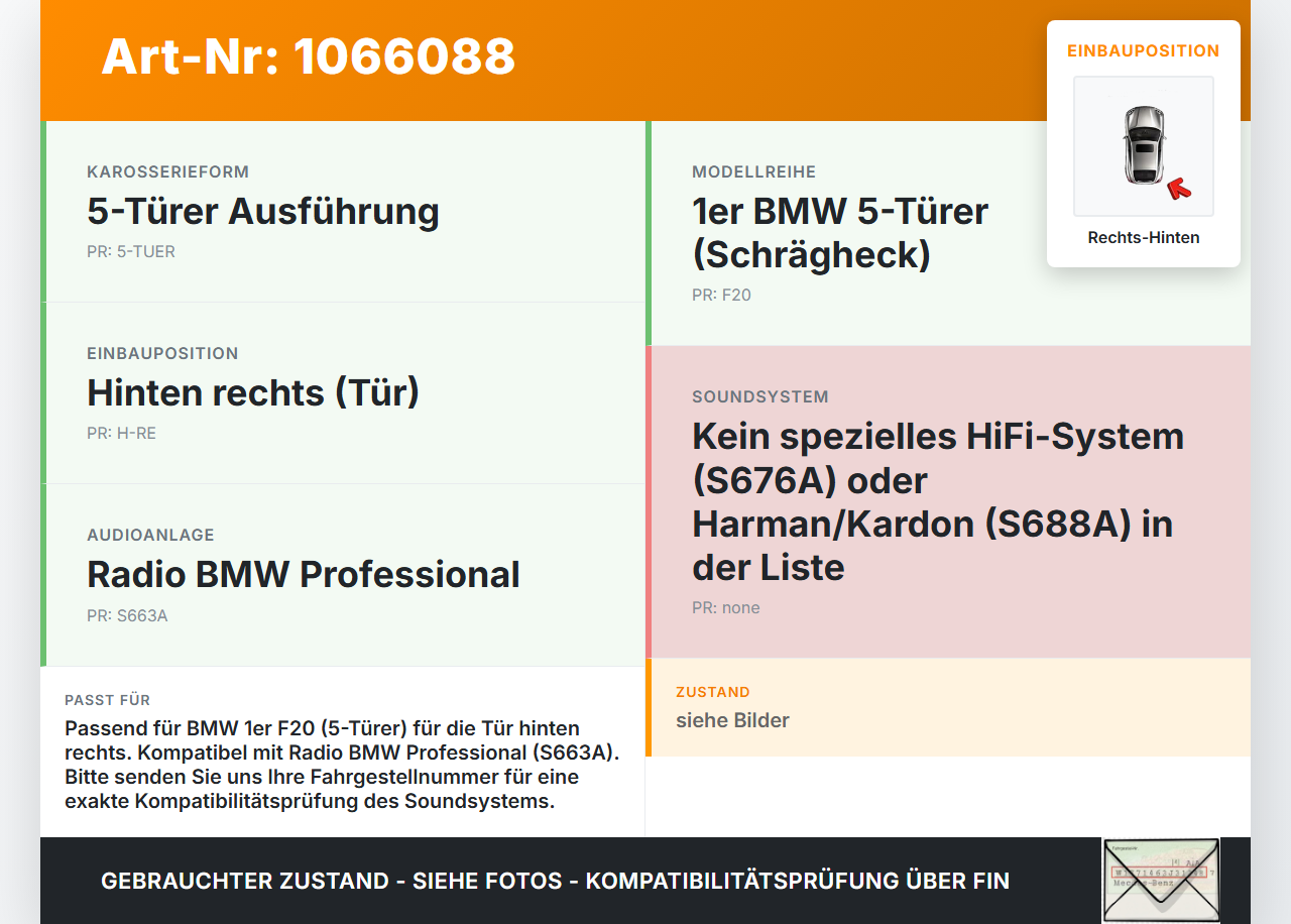 BMW 1er 116i F20 11-15 5T Lautsprecher HiFi Speaker Türlautsprecher Rechts Hinten BMW 1er 116i F20 11-15 20.10.2011... Vorschau 3