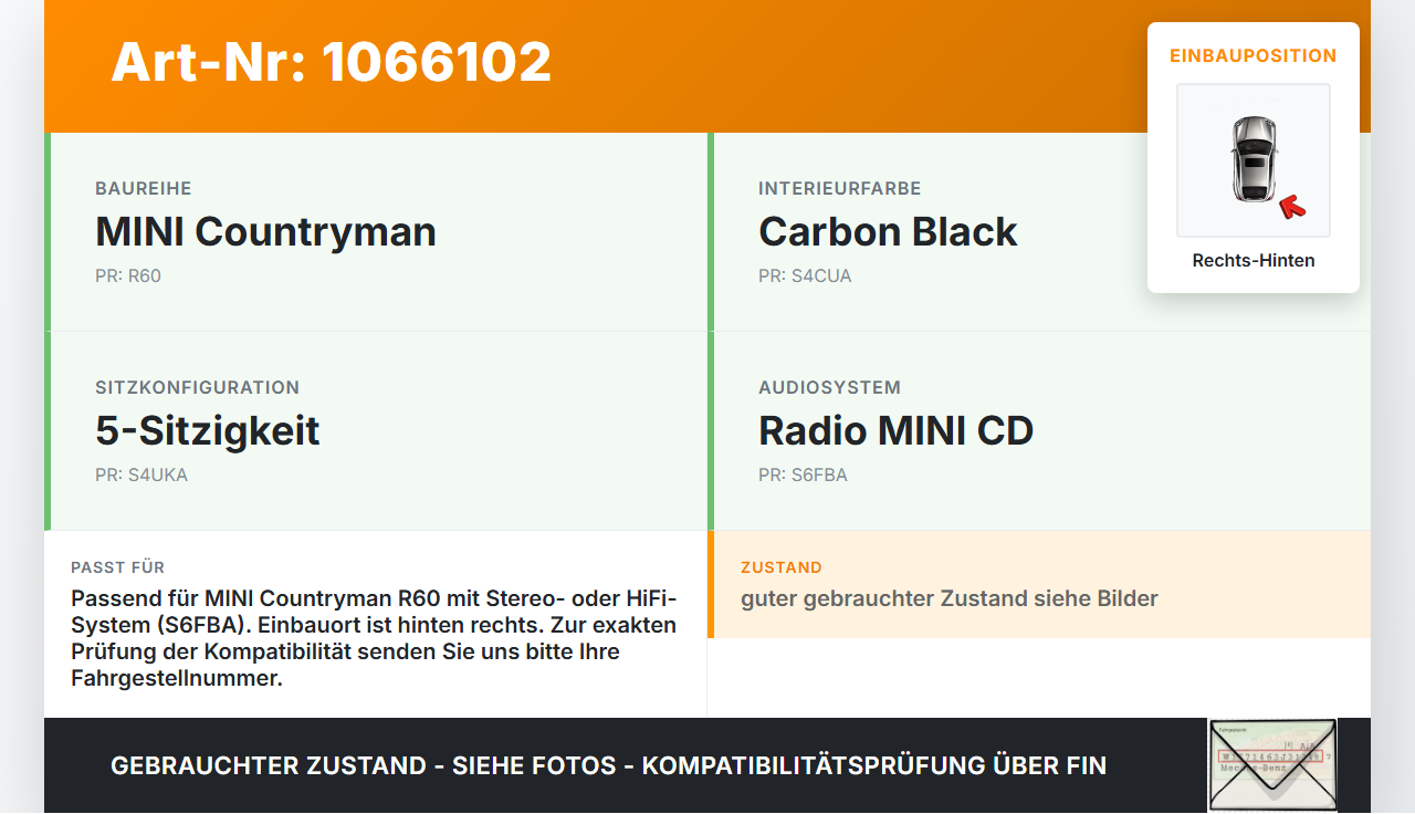 MINI Countryman R60 10-14 Lautsprecher Rechts Hinten MINI Countryman R60 10-14 08.12.2011 65139804157 9804157... Vorschau 3