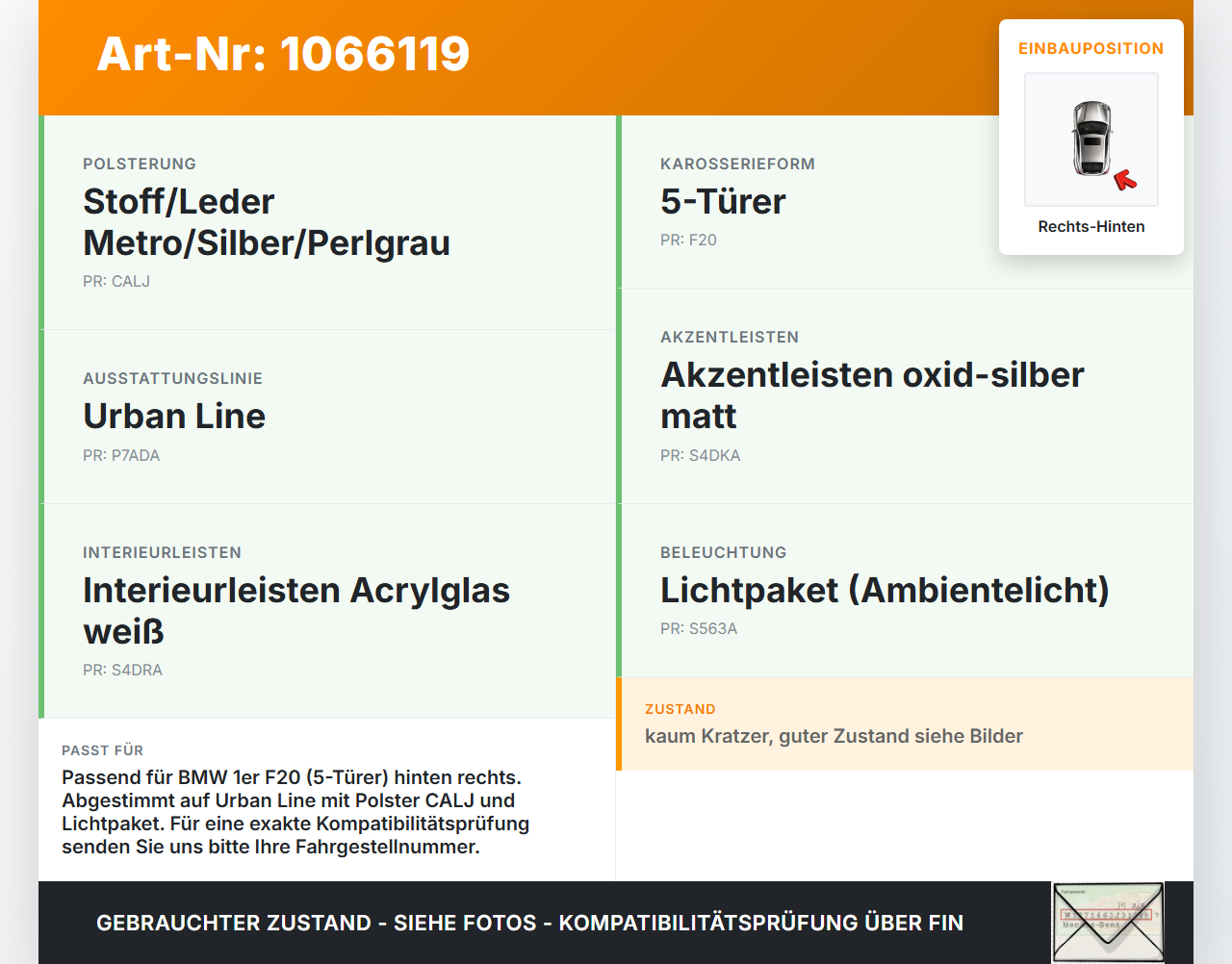 BMW 1er 116i F20 11-15 5T Türverkleidung Türpappe Rechts Hinten BMW 1er 116i F20 11-15 20.10.2011 7284026... Vorschau 3