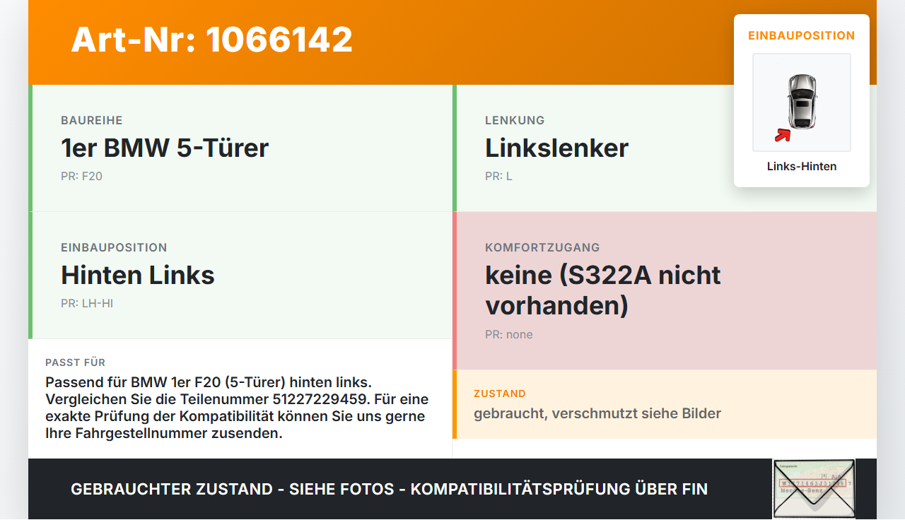BMW 1er 116i F20 11-15 5T Türschloss m. ZV Stellmotor Links Hinten BMW 1er 116i F20 11-15 20.10.2011 51227229459... Vorschau 3