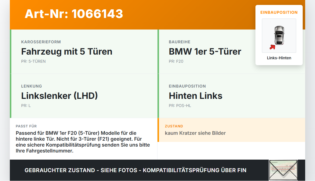 BMW 1er 116i F20 11-15 5T Türfangband Türbremse Türanschlag Links Hinten BMW 1er 116i F20 11-15 20.10.2011 7446727... Vorschau 3