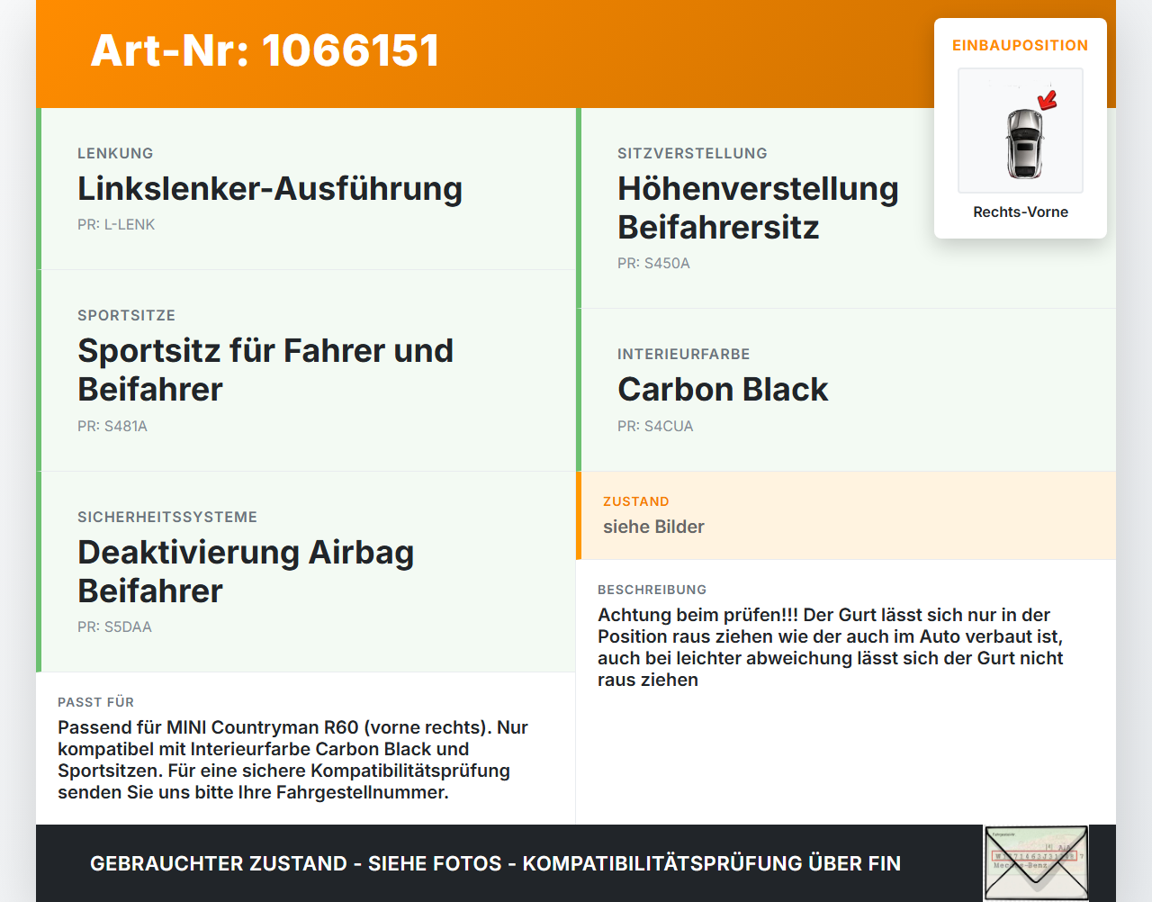 MINI Countryman R60 10-14 Gurt Sicherheitsgurt Rechts Vorne MINI Countryman R60 10-14 08.12.2011 72119802196... Vorschau 3