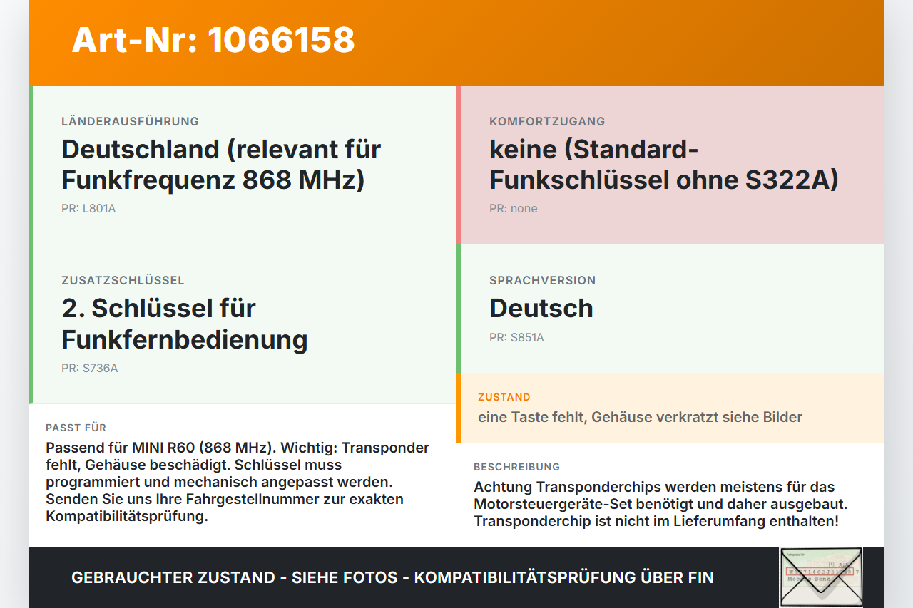 MINI Countryman R60 10-14 Fernbedienung Funk Funkschlüssel MINI Countryman R60 10-14 08.12.2011 66123456367 gebraucht Vorschau 3