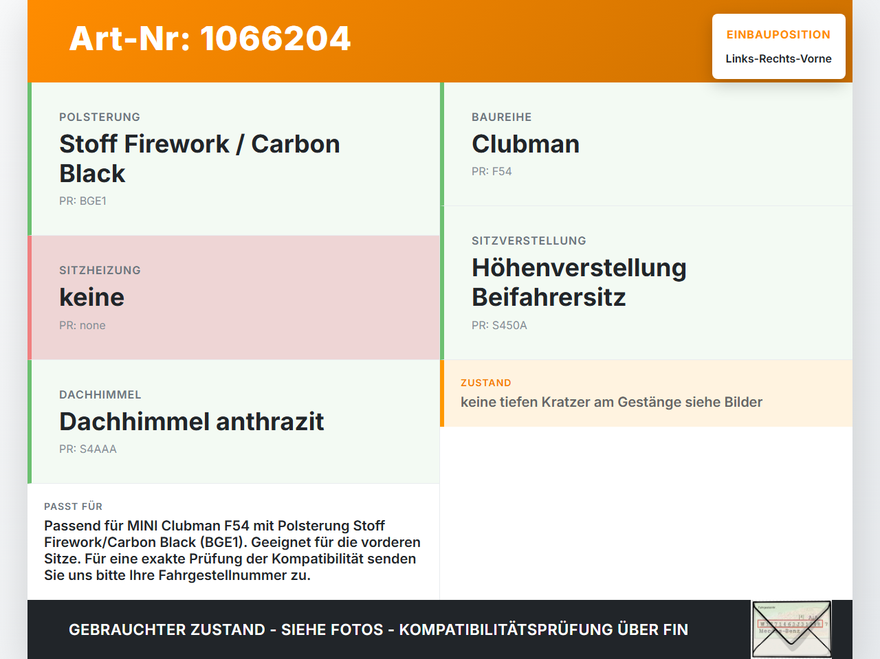 MINI F54  Clubman 15-19 Break Kopfstütze für Beifahrer Sitz Rechts oder Links Vorne MINI F54  Clubman 15-19... Vorschau 3