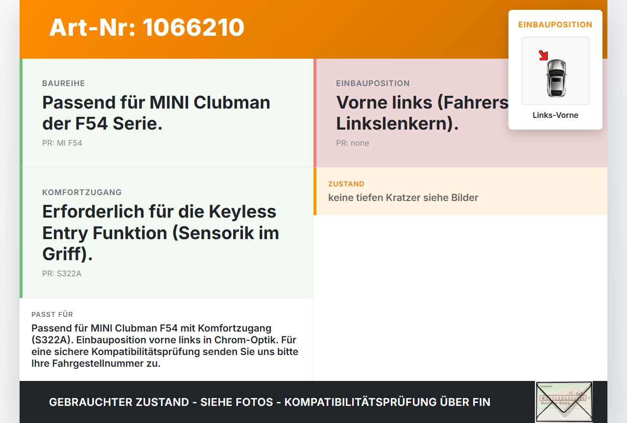 MINI F54  Clubman 15-19 Break Türgriff Griff aussen Links Vorne Chrom Keyless Entry B71 MINI F54  Clubman 15-19... Vorschau 3