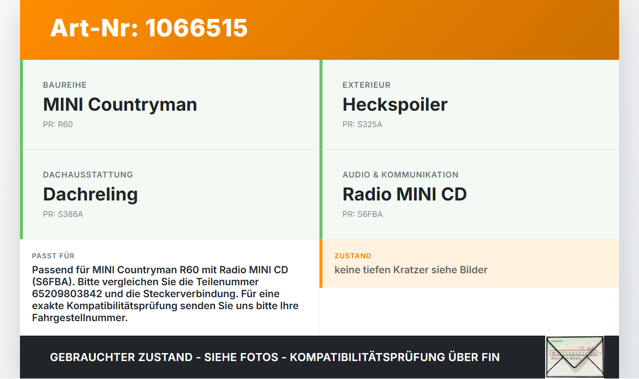 MINI Countryman R60 10-14 Antenne Dachantenne VE-1453 MINI Countryman R60 10-14 08.12.2011 65209803842 gebraucht Vorschau 3