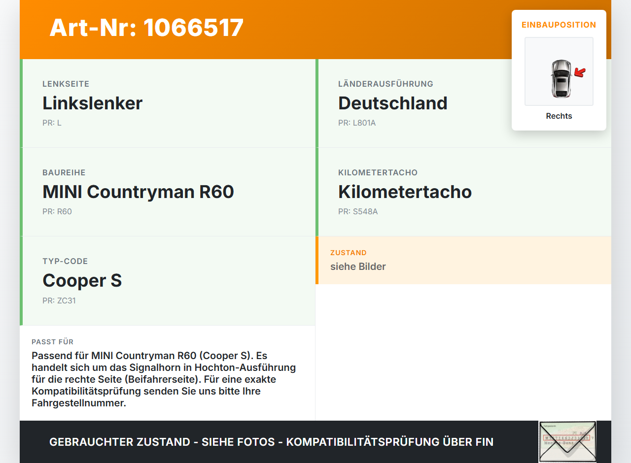 MINI Countryman R60 10-14 Hupe Signalhorn Hochtöner Rechts MINI Countryman R60 10-14 08.12.2011 61339807173 0055306... Vorschau 3
