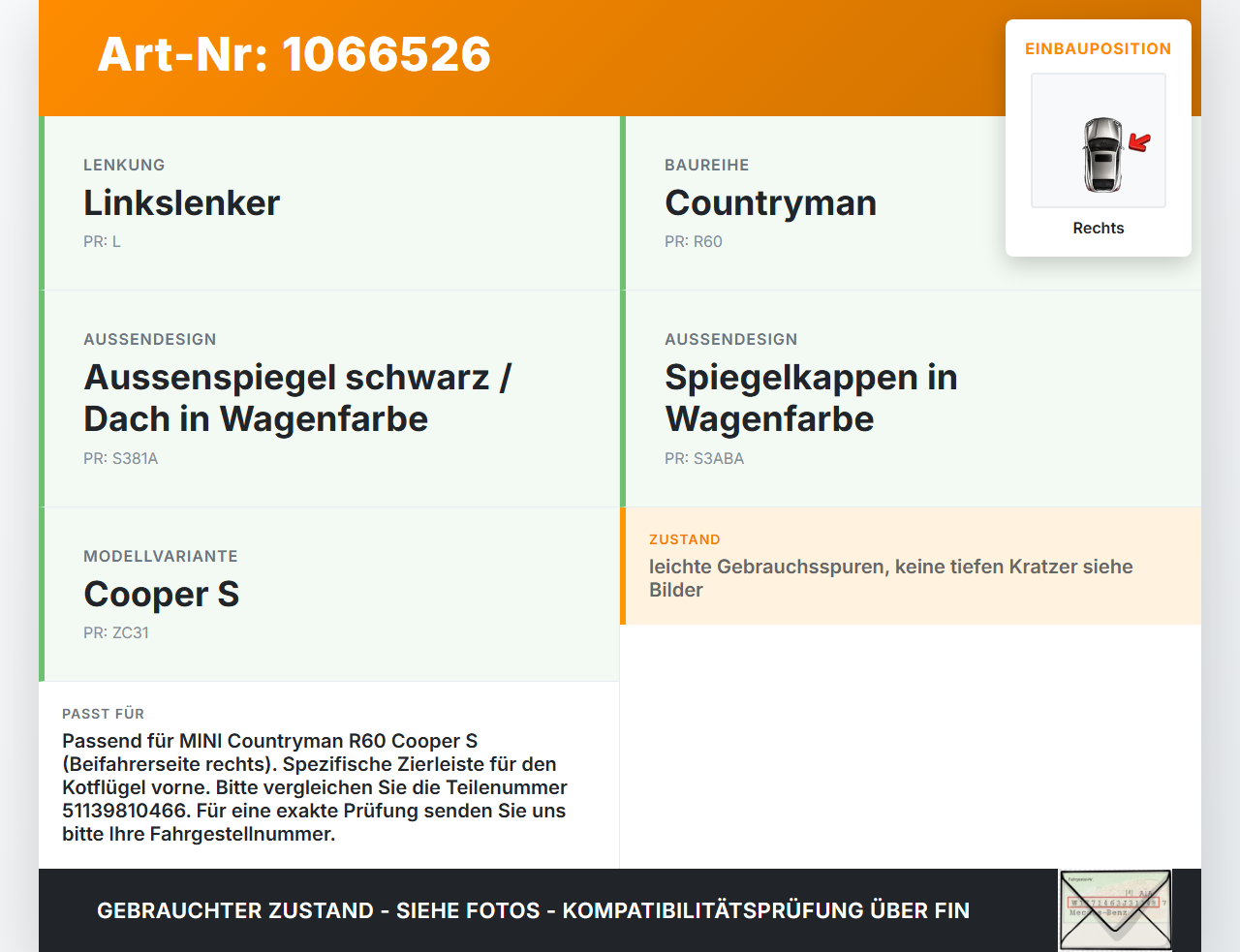 MINI Countryman R60 10-14 Blende Aussen Zierleiste für Kotflügel Rechts MINI Countryman R60 10-14 08.12.2011... Vorschau 3