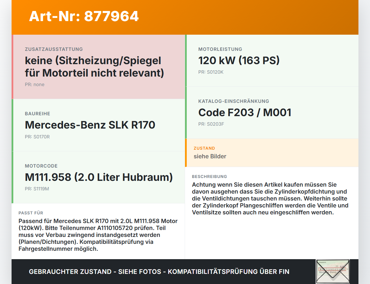 Mercedes R170 SLK 2,0 120KW 111958 Zylinderkopf Mercedes R170 SLK 03.04.2000 A1110105720 gebraucht Vorschau 3