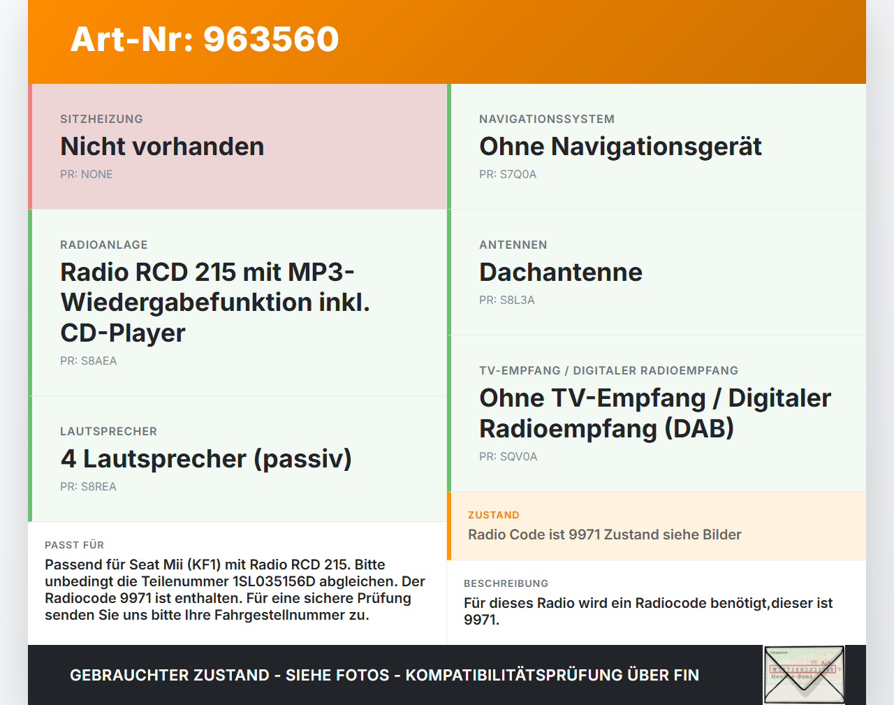 Seat Mii KF1 11-16 Autoradio CD-Radio RCD215 EU Seat Mii KF1 11-16 21.10.2014 1SL035156D 1SL035156 gebraucht Vorschau 3