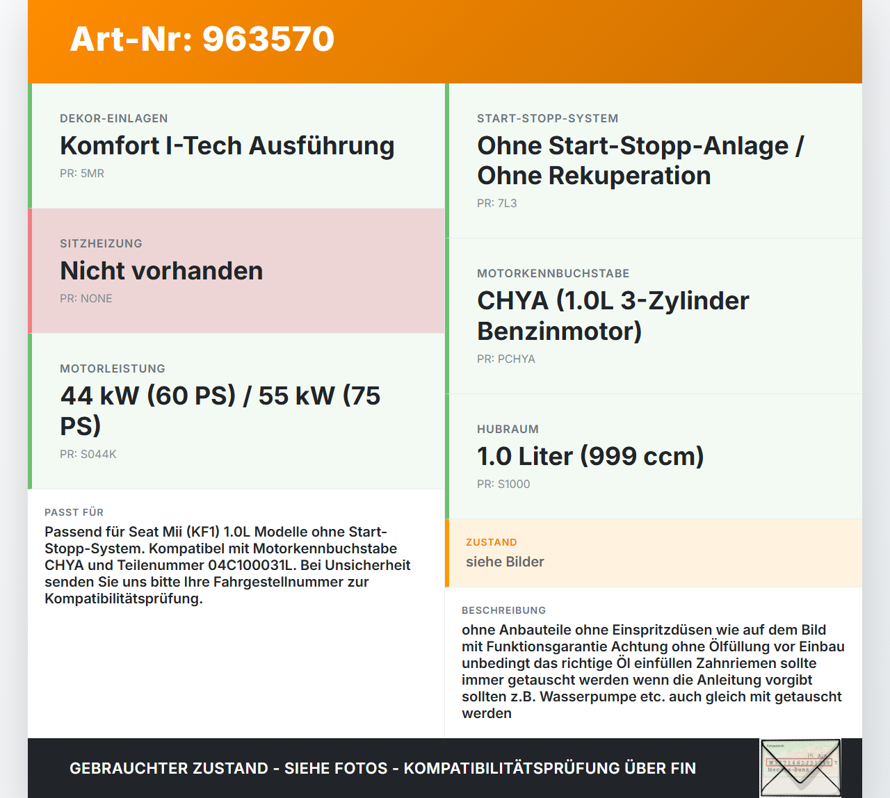 Seat Mii KF1 11-16 1,0 44KW CHYA Motor Seat Mii KF1 11-16 21.10.2014 04C100031L 04C100098X gebraucht Vorschau 3