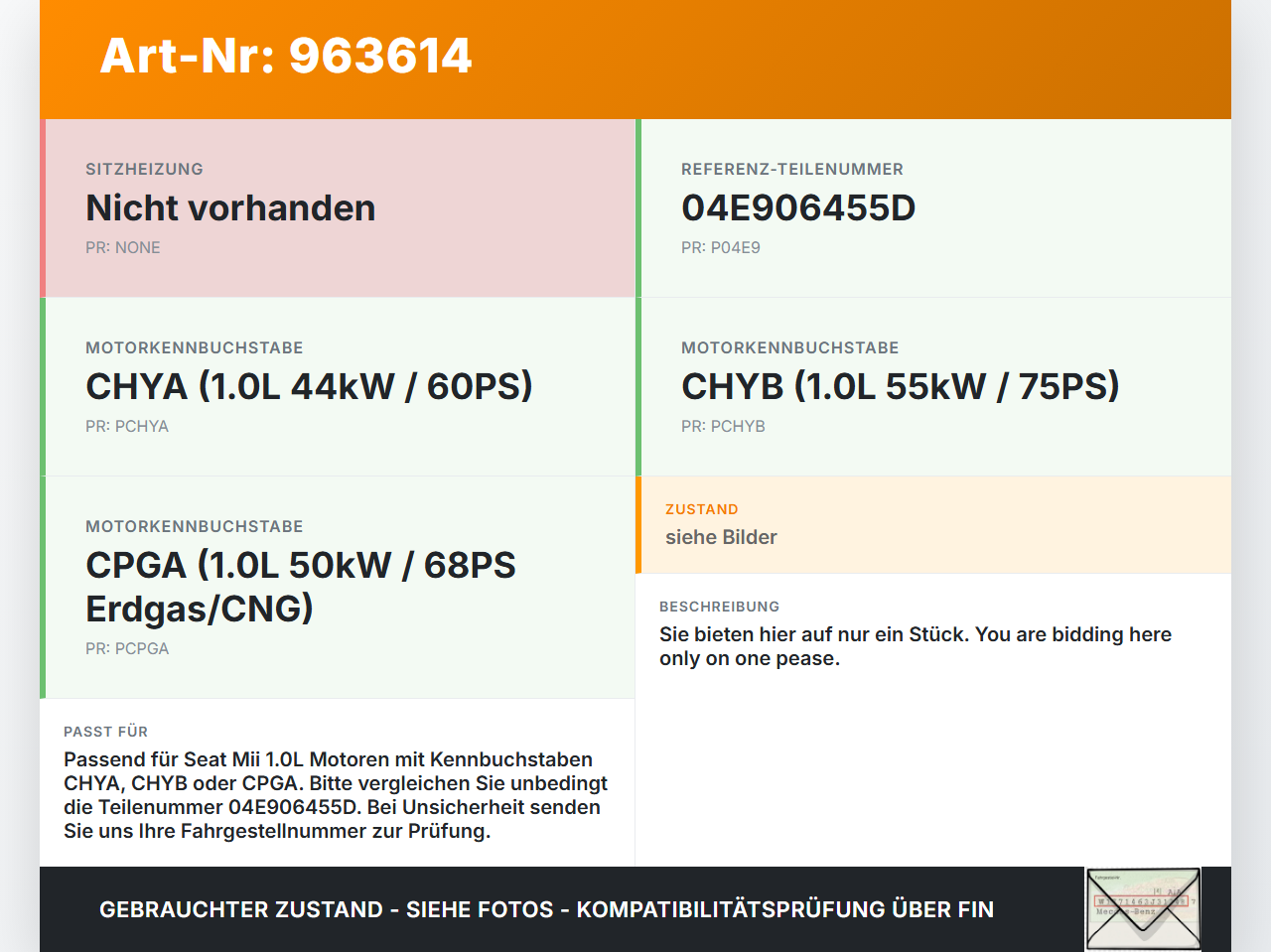 Seat Mii KF1 11-16 1,0 44KW Magnetventil 1 Seat Mii KF1 11-16 21.10.2014 04E906455D gebraucht Vorschau 3