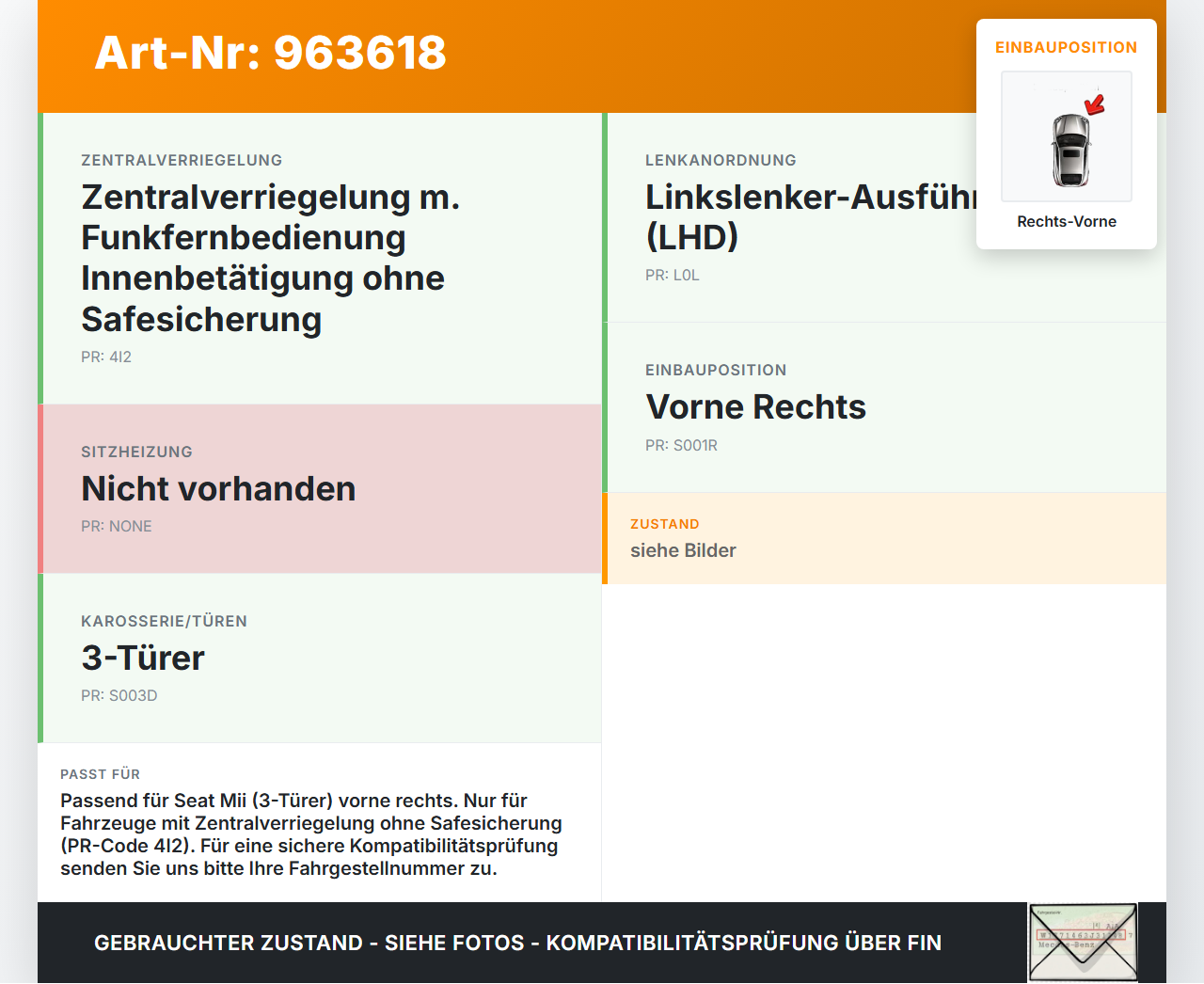 Seat Mii KF1 11-16 3T Türschloss m. ZV Stellmotor Rechts Vorne Seat Mii KF1 11-16 21.10.2014 1S1837016C gebraucht Vorschau 3