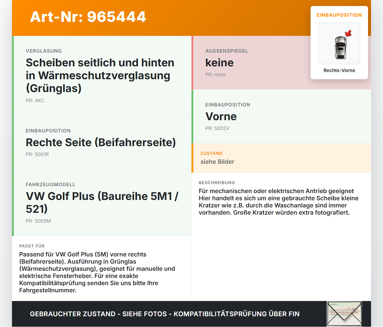 VW Golf Plus 5M 08-14 RVK Seitenscheibe für Tür Türscheibe Rechts Vorne VW Golf Plus 5M 08-14 21.07.2009 5M0845202A... Vorschau 3