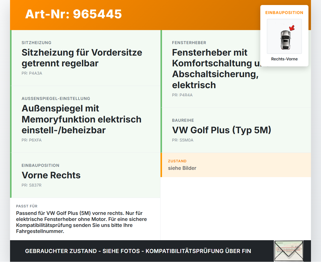 VW Golf Plus 5M 08-14 Fensterheber o. FH-Motor Rechts Vorne VW Golf Plus 5M 08-14 21.07.2009 5M0837462 gebraucht Vorschau 3