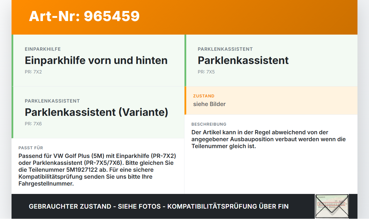 VW Golf Plus 5M 08-14 Abstands Sensor Parksensor PDC VW Golf Plus 5M 08-14 21.07.2009 5M1927122 gebraucht Vorschau 3