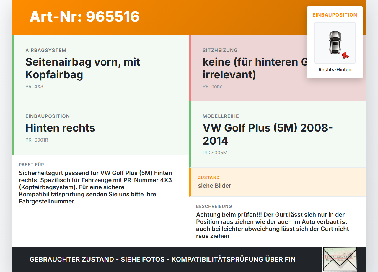 VW Golf Plus 5M 08-14 Gurt Sicherheitsgurt Rechts Hinten VW Golf Plus 5M 08-14 21.07.2009 5M0857806 33041588E gebraucht Vorschau 3