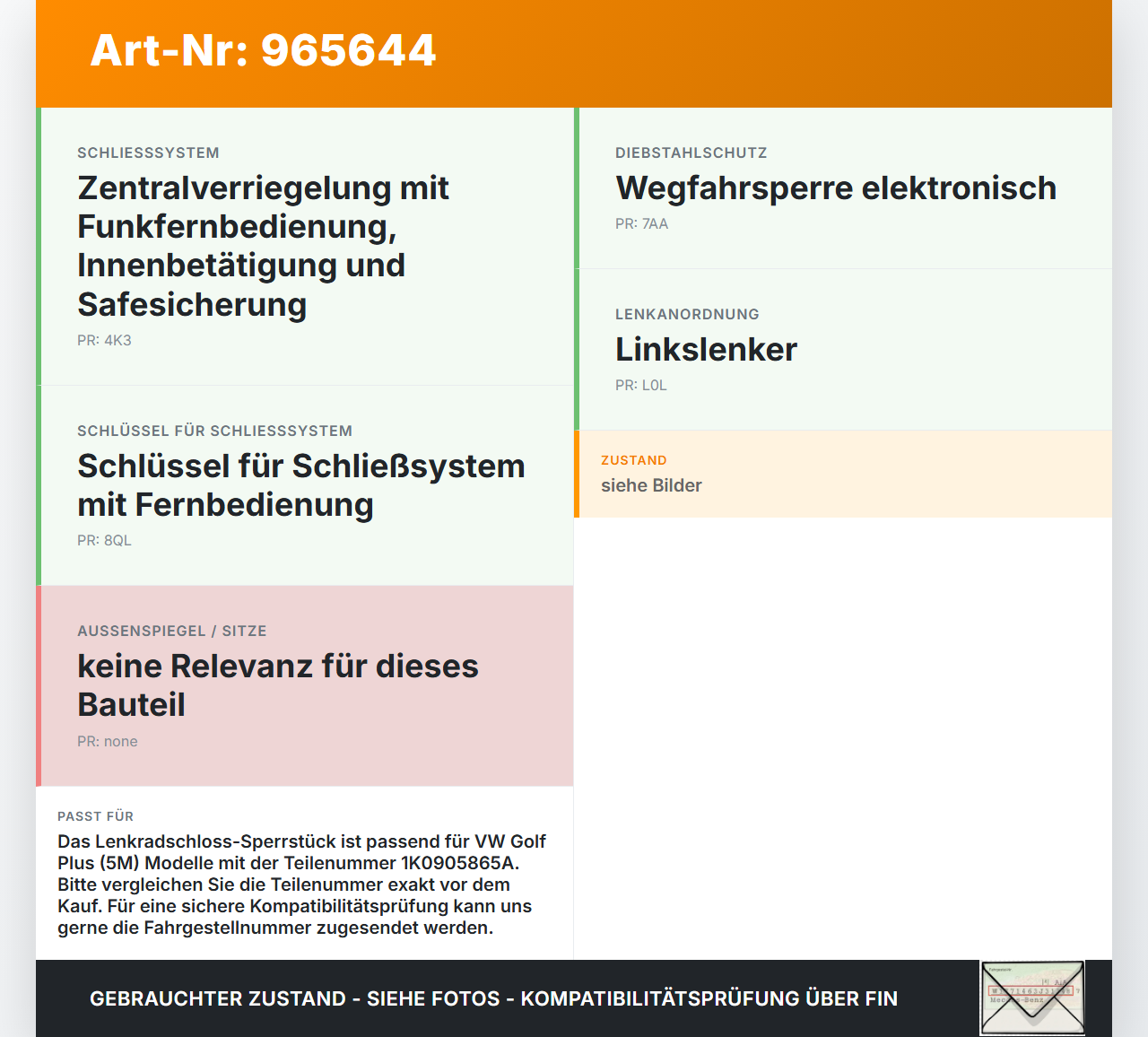 VW Golf Plus 5M 08-14 Lenkradschloss Sperrstück VW Golf Plus 5M 08-14 21.07.2009 1K0905865A 0310014881 gebraucht Vorschau 3