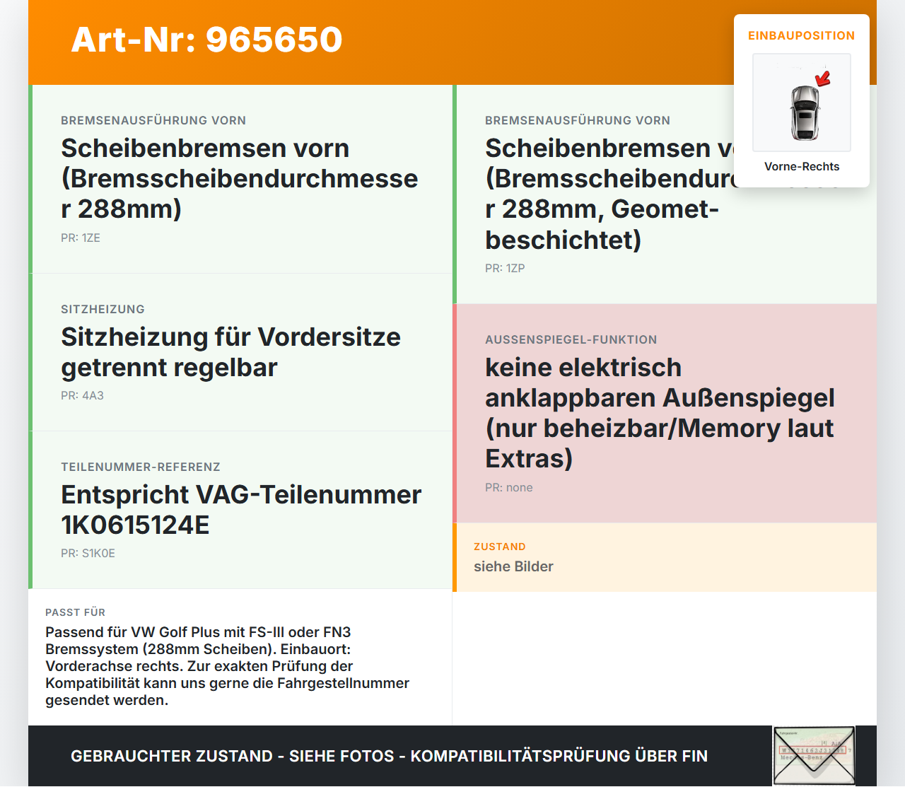 VW Golf Plus 5M 08-14 TSI 1,4 90KW Bremssattel Bremszange Vorne Rechts VW Golf Plus 5M 08-14 21.07.2009 1K0615124E... Vorschau 3