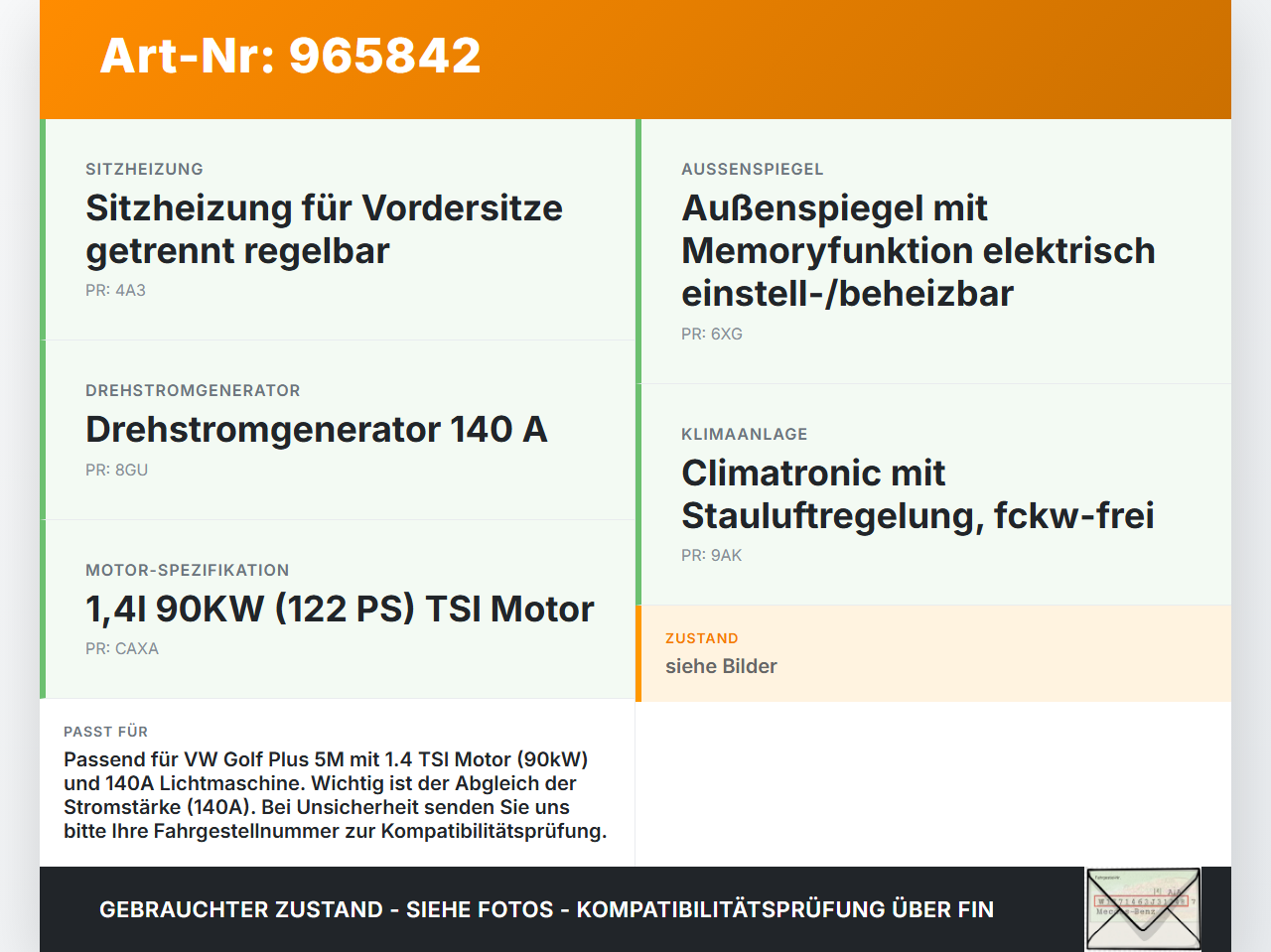VW Golf Plus 5M 08-14 TSI 1,4 90KW Lichtmaschine Generator 140A 14V VW Golf Plus 5M 08-14 21.07.2009 03C903023A... Vorschau 3