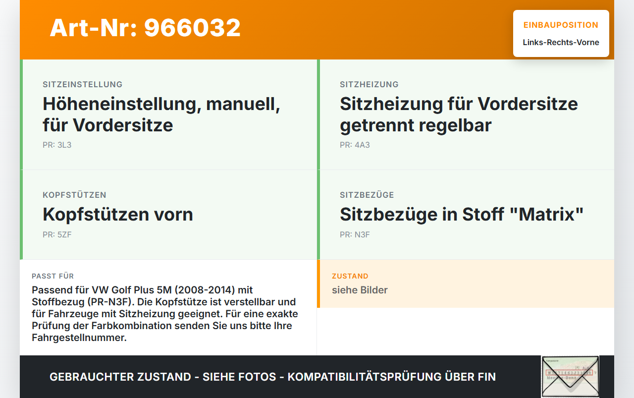 VW Golf Plus 5M 08-14 Kopfstütze für Fahrer Sitz Rechts oder Links Vorne VW Golf Plus 5M 08-14 21.07.2009... Vorschau 3